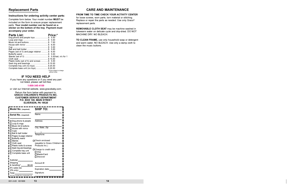 Replacement parts, Care and maintenance, Ship to | Parts list, Price, If you need help | Graco 4650 User Manual | Page 7 / 7