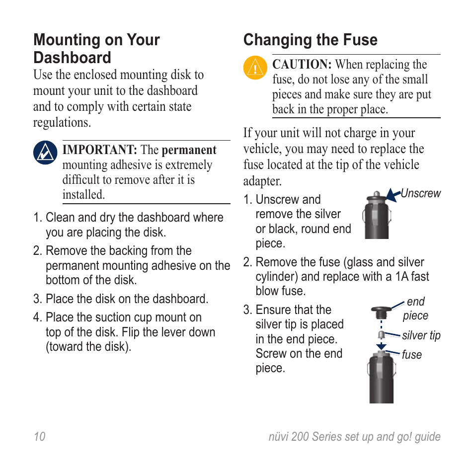 Mounting on your dashboard, Changing the fuse | Graco NUVI R NVI 200 User Manual | Page 10 / 16