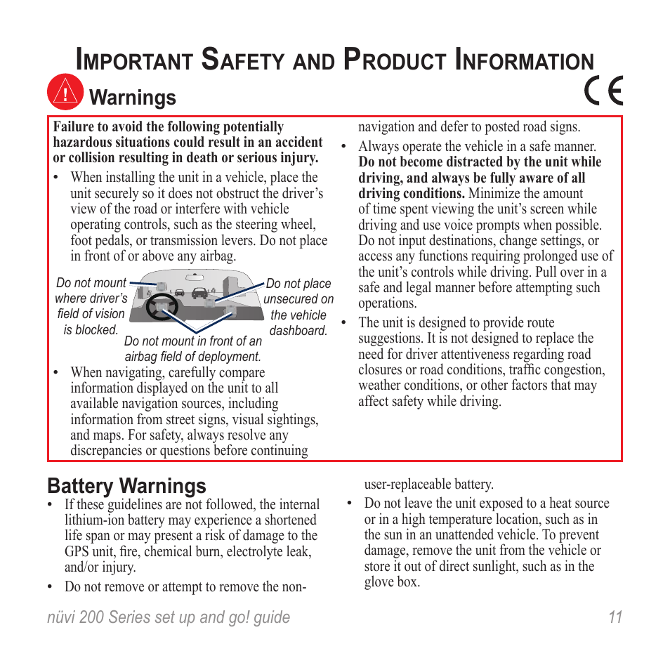 Important safety and product information, Mportant, Afety | Roduct, Nformation, Warnings, Battery warnings | Graco NUVI R NVI 200 User Manual | Page 11 / 16