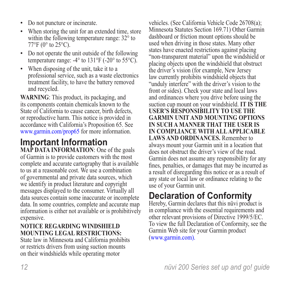 Important information, Declaration of conformity | Graco NUVI R NVI 200 User Manual | Page 12 / 16