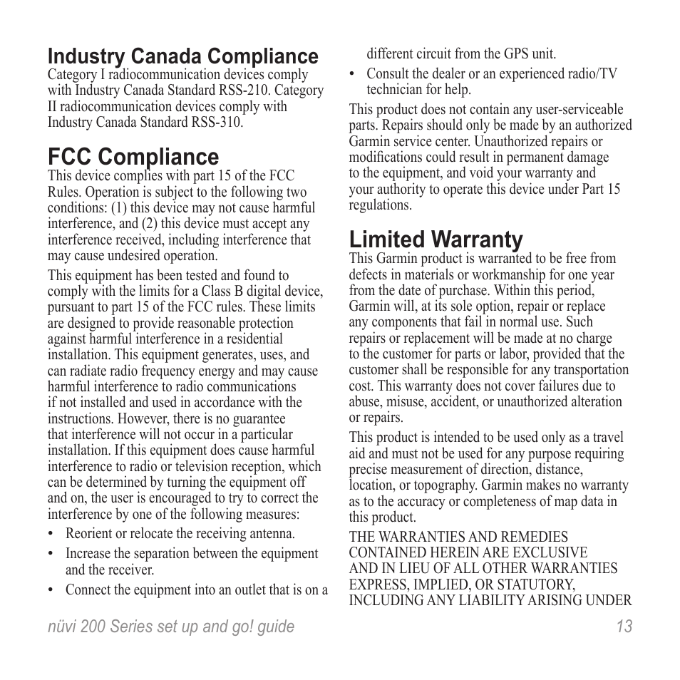 Fcc compliance, Limited warranty, Industry canada compliance | Graco NUVI R NVI 200 User Manual | Page 13 / 16