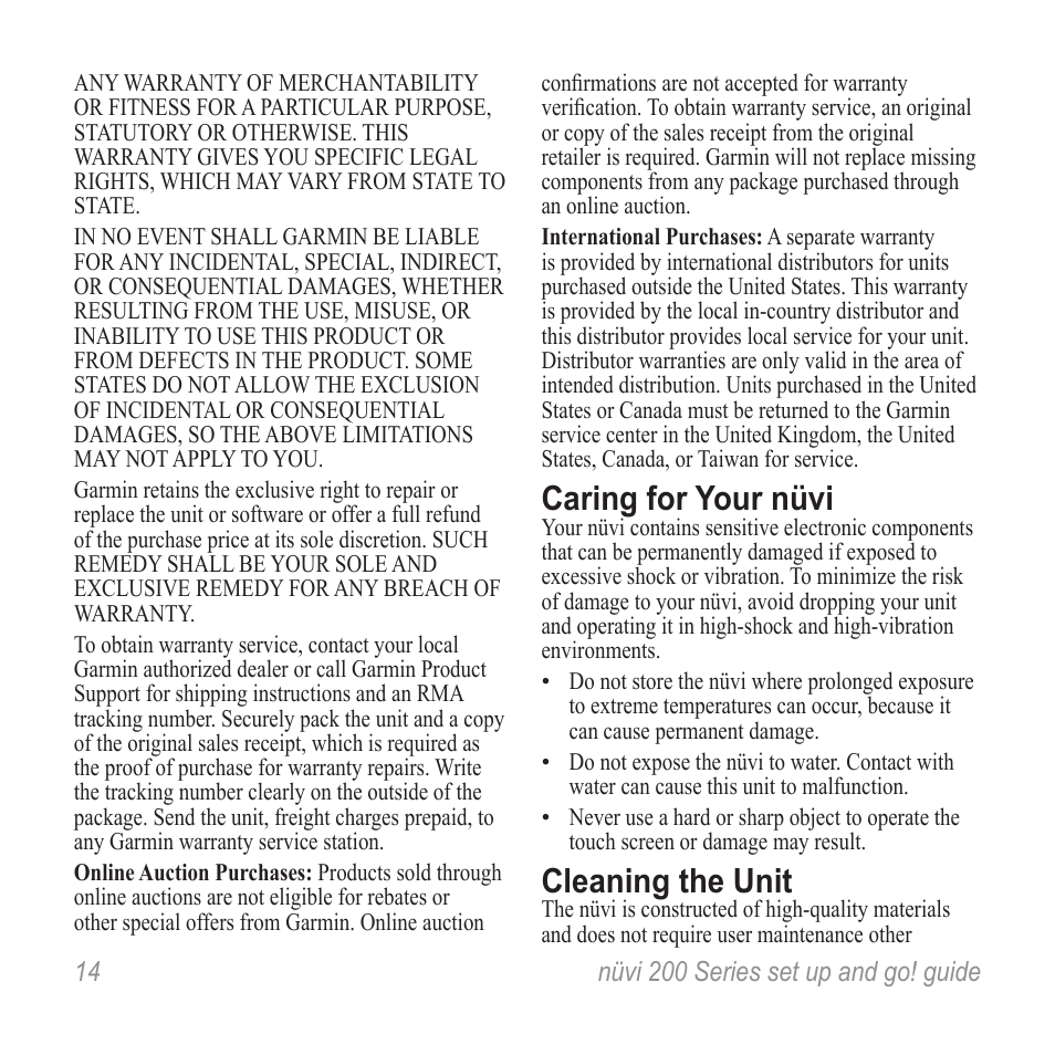 Caring for your nüvi, Cleaning the unit | Graco NUVI R NVI 200 User Manual | Page 14 / 16