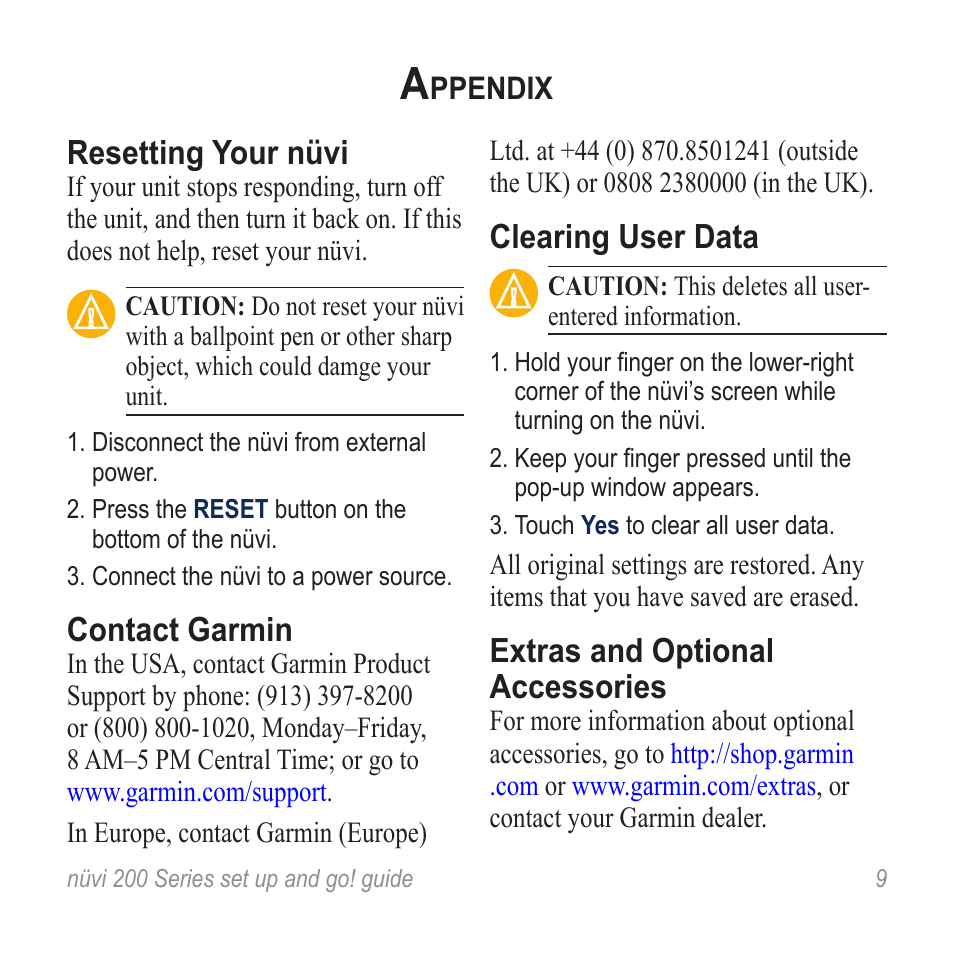 Appendix, Resetting your nüvi, Contact garmin | Clearing user data, Extras and optional accessories | Graco NUVI R NVI 200 User Manual | Page 9 / 16