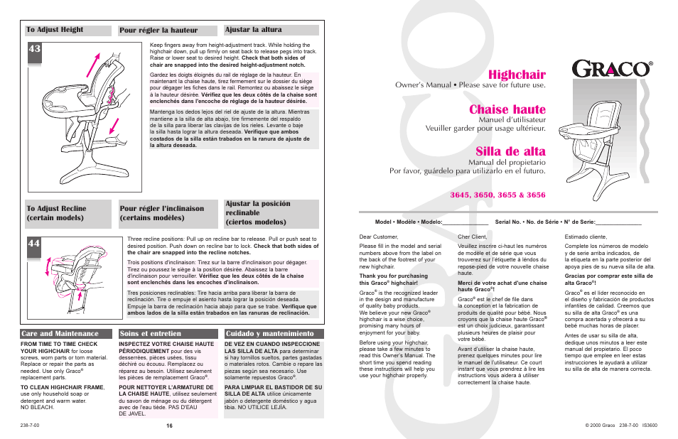 Highchair, Chaise haute, Silla de alta | Owner’s manual, Please save for future use | Graco 3645 User Manual | Page 16 / 16