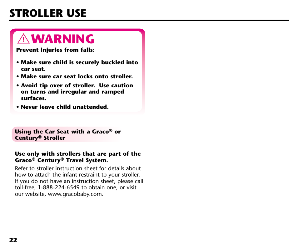 Warning, Stroller use | Graco 41413ZOL User Manual | Page 24 / 28