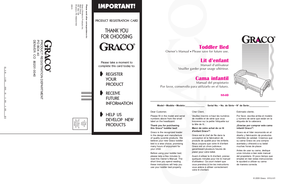 Important, Toddler bed, Lit d’enfant | Cama infantil, Register, Your, Product, Receive, Future, Information | Graco 8840 User Manual | Page 11 / 11