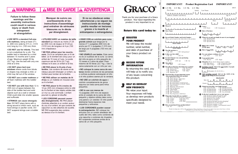 Warning advertencia mise en garde, Bm bl bn bt bu bs br bq bo bp cl cm cn co cp, Return this card today to | Important! product registration card important | Graco 8840 User Manual | Page 2 / 11
