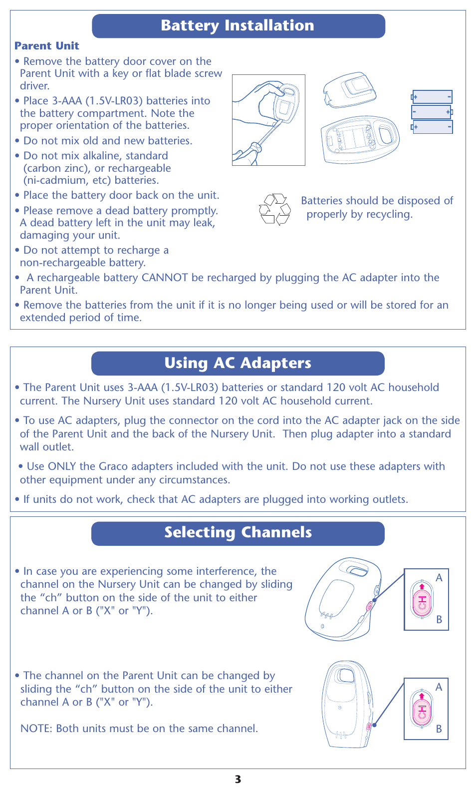 Battery installation using ac adapters, Selecting channels | Graco 2L00 User Manual | Page 3 / 12