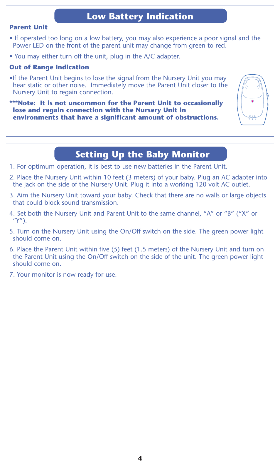 Low battery indication, Setting up the baby monitor | Graco 2L00 User Manual | Page 4 / 12