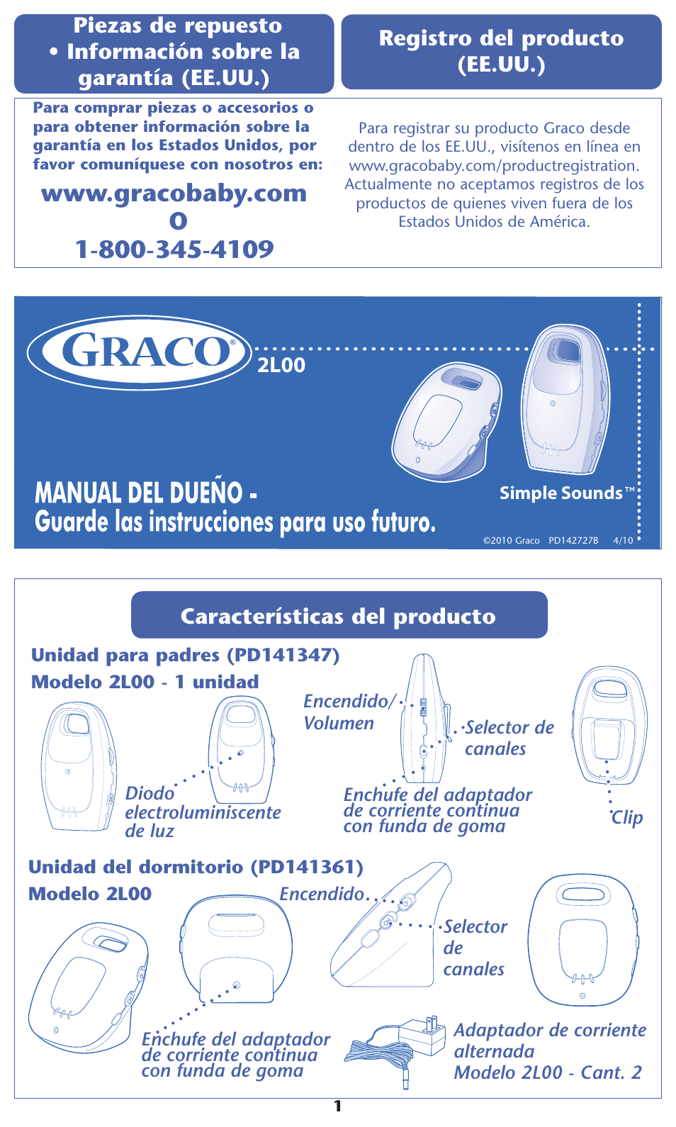 2l00, Características del producto, Registro del producto (ee.uu.) | Graco 2L00 User Manual | Page 7 / 12
