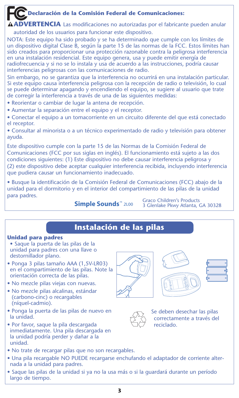 Instalación de las pilas, Simple sounds, Advertencia | Graco 2L00 User Manual | Page 9 / 12