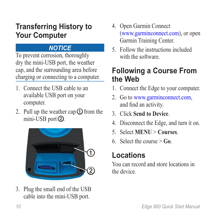 Transferring history to your computer, Following a course from the web, Locations | Graco 800 User Manual | Page 12 / 16