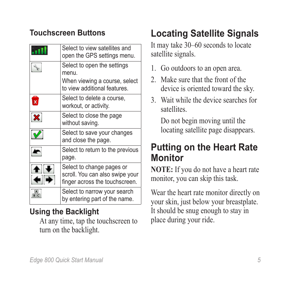 Monitor, Locating satellite signals, Putting on the heart rate monitor | Graco 800 User Manual | Page 7 / 16