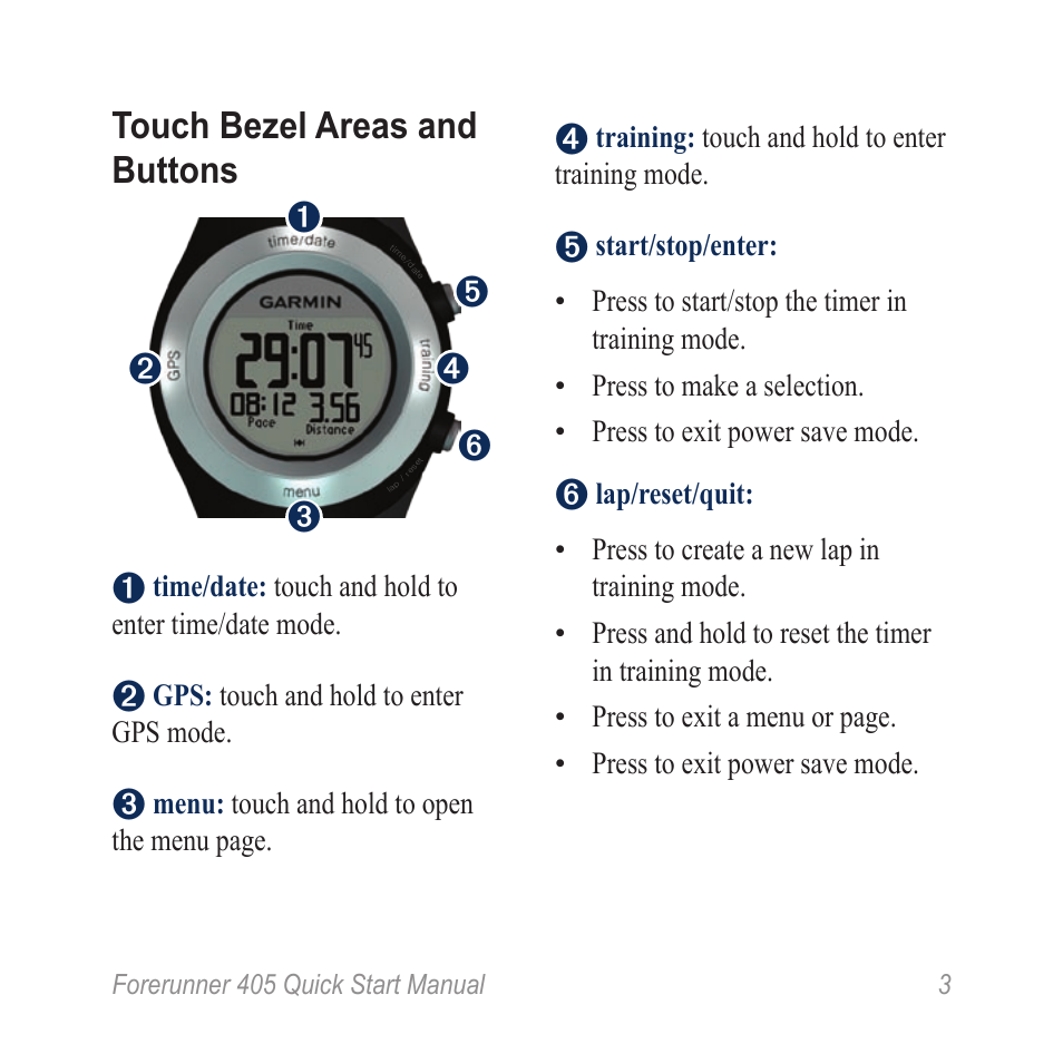 Touch bezel areas and buttons | Garmin Forerunner 405 User Manual | Page 3 / 12