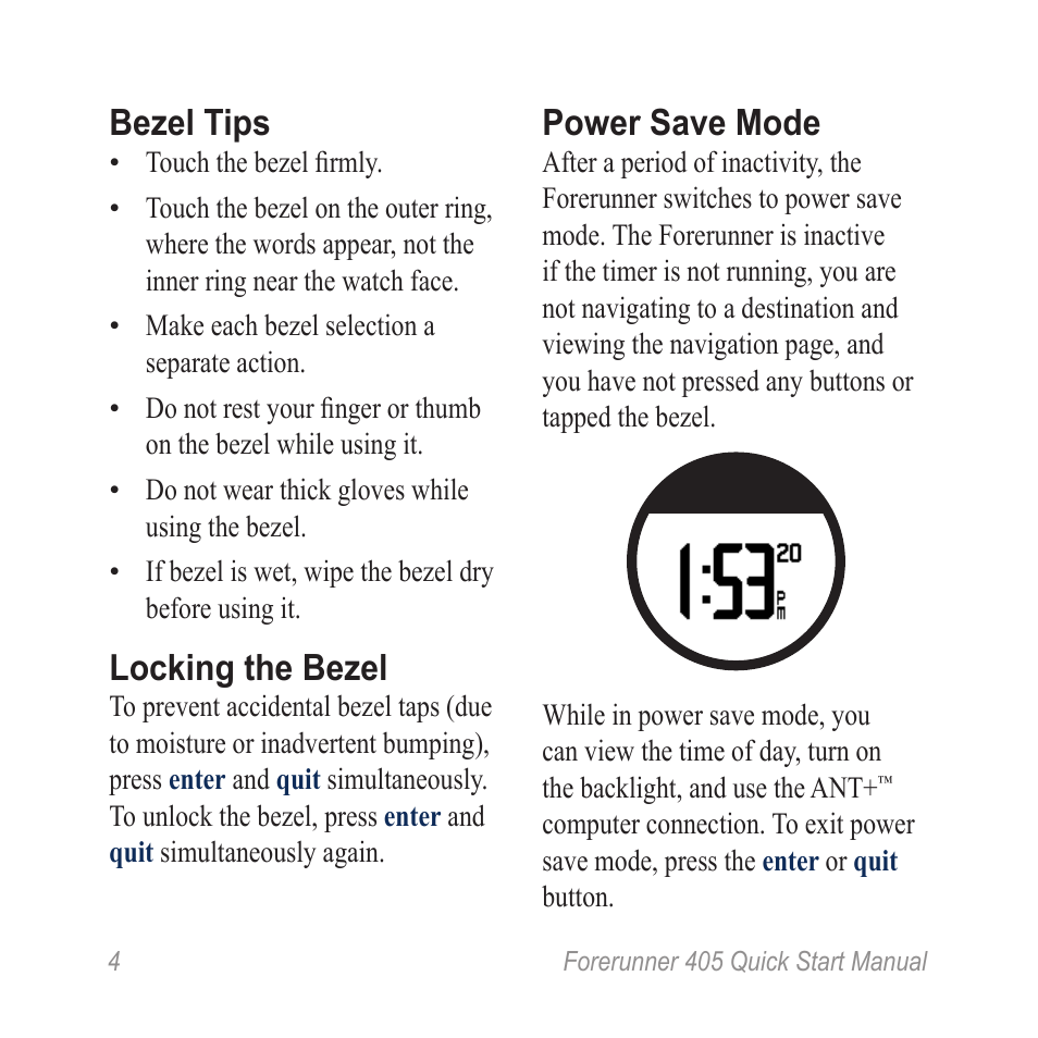 Bezel tips, Locking the bezel, Power save mode | Garmin Forerunner 405 User Manual | Page 4 / 12