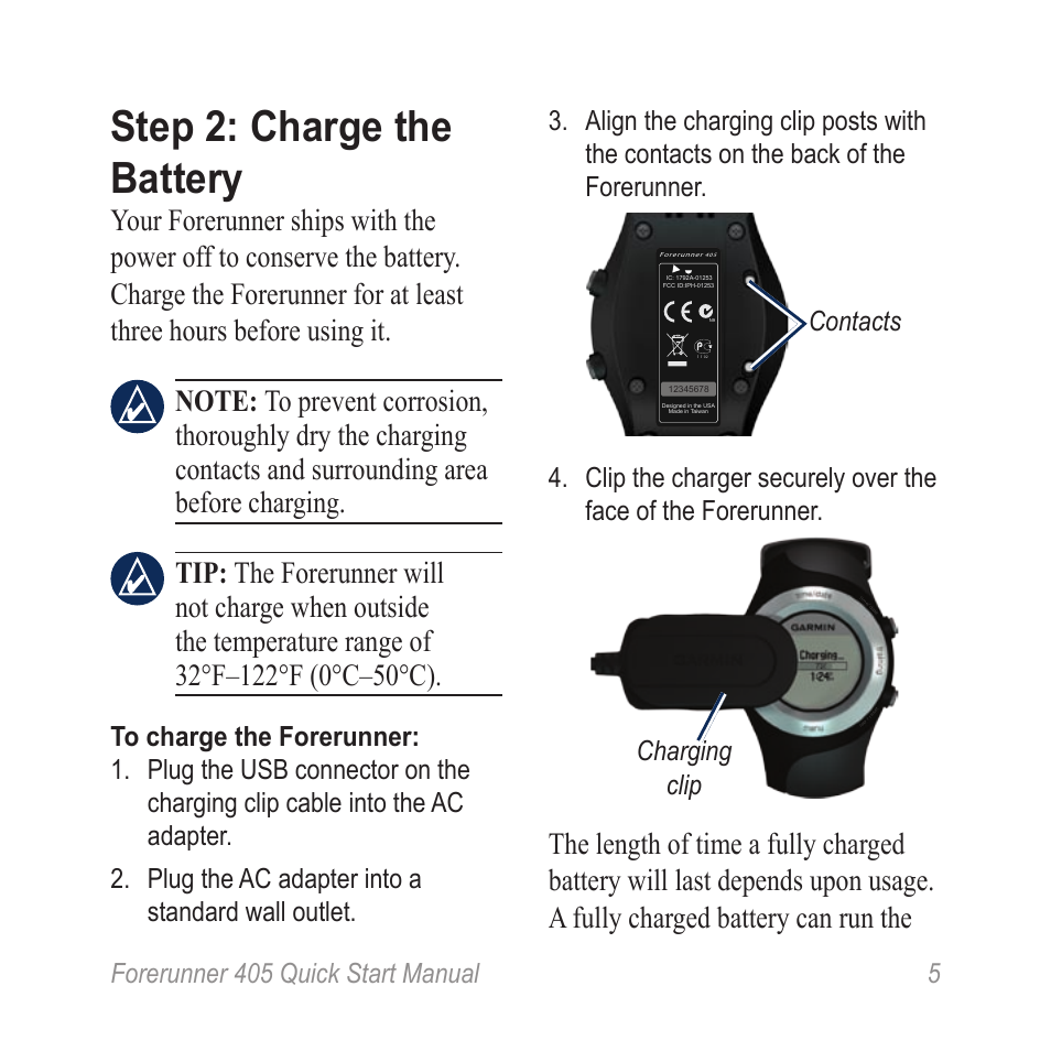 Step 2: charge the battery, Forerunner 405 quick start manual 5, Charging clip | Garmin Forerunner 405 User Manual | Page 5 / 12