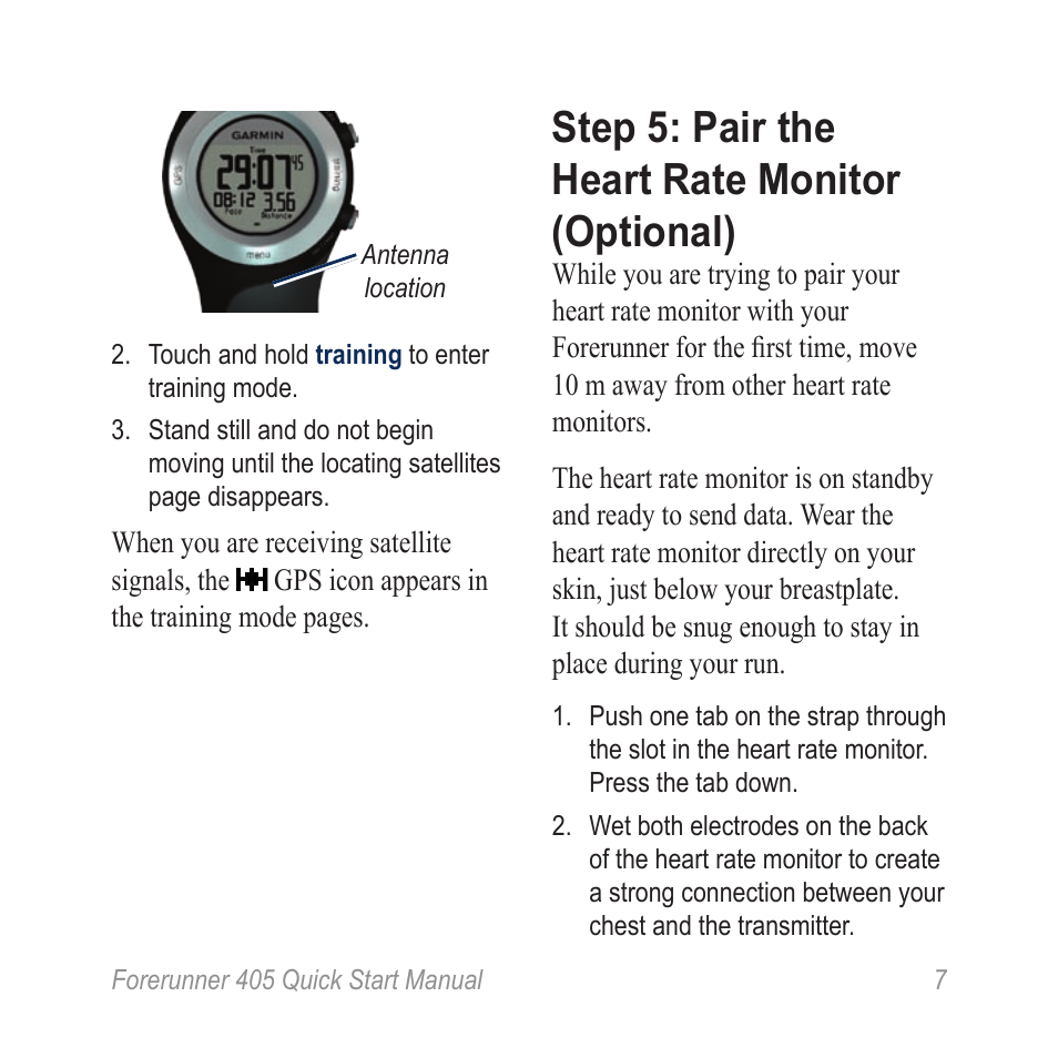 Step 5: pair the heart rate monitor (optional), Forerunner 405 quick start manual | Garmin Forerunner 405 User Manual | Page 7 / 12