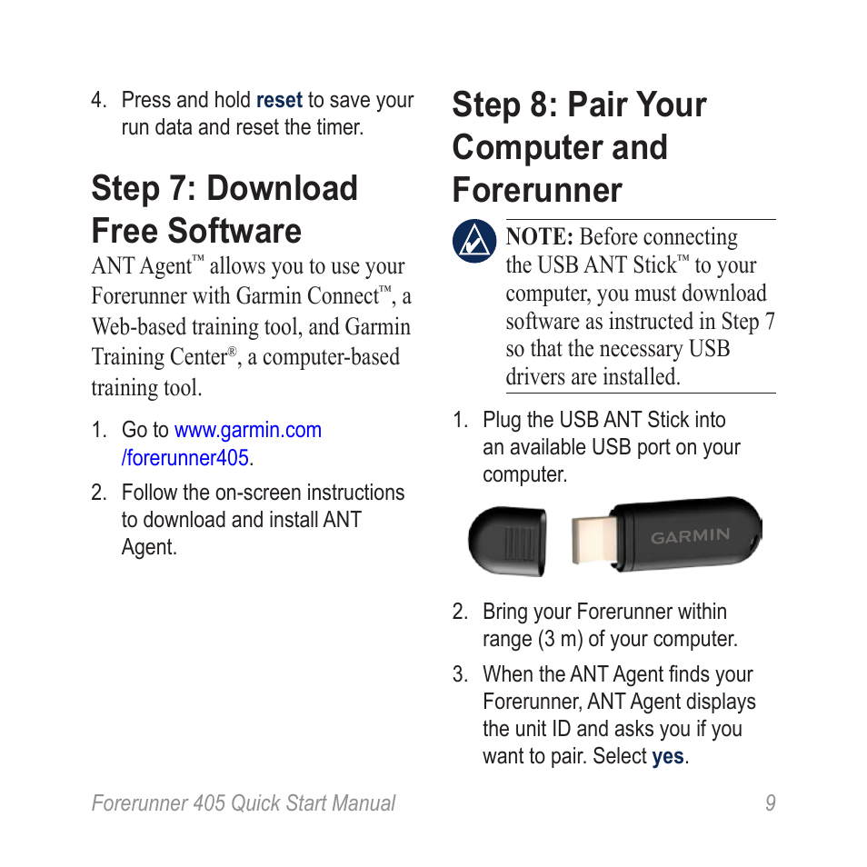 Step 7: download free software, Step 8: pair your computer and forerunner | Garmin Forerunner 405 User Manual | Page 9 / 12