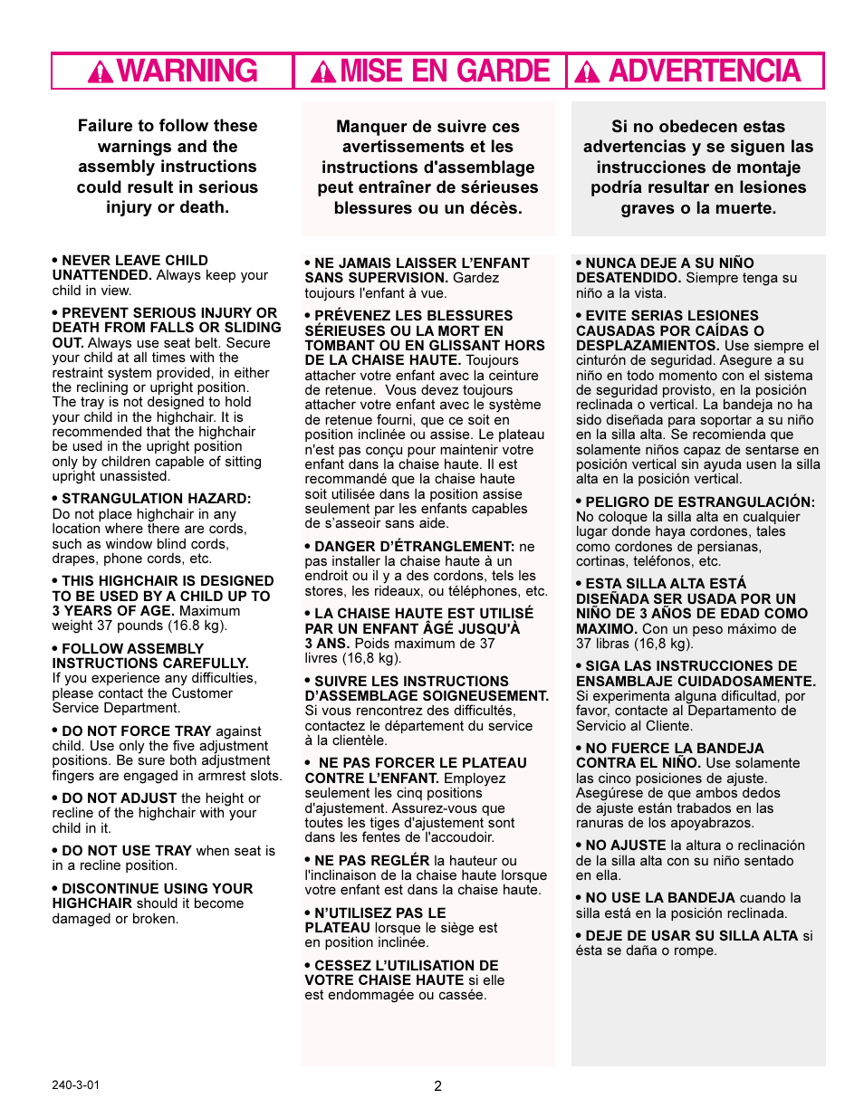Warning advertencia mise en garde | Graco 3645 User Manual | Page 2 / 16