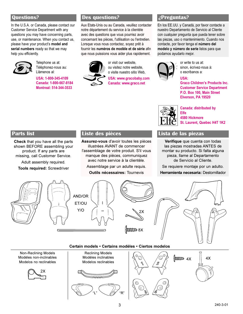 Parts list liste des pièces lista de las piezas, Questions? des questions? ¿preguntas | Graco 3645 User Manual | Page 3 / 16