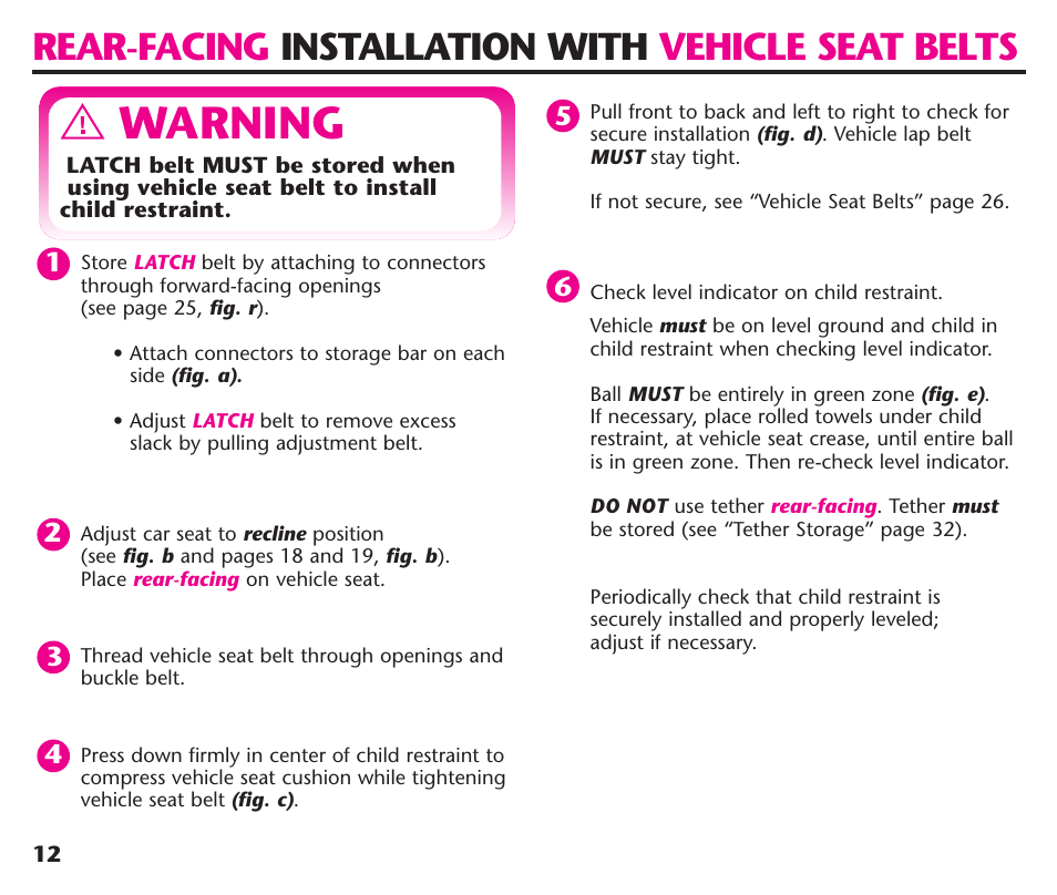 Warning, Rear-facing installation with vehicle seat belts | Graco ComfortSport User Manual | Page 14 / 92