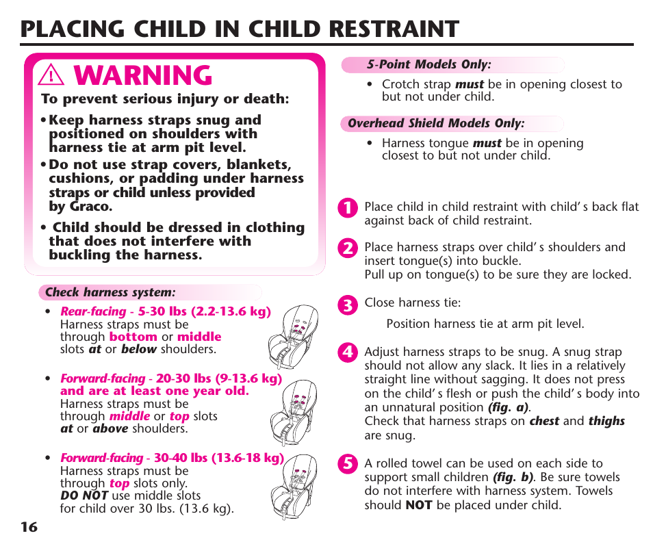 Warning, Placing child in child restraint | Graco ComfortSport User Manual | Page 18 / 92