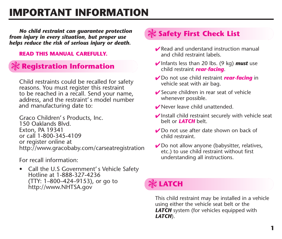 Important information | Graco ComfortSport User Manual | Page 3 / 92