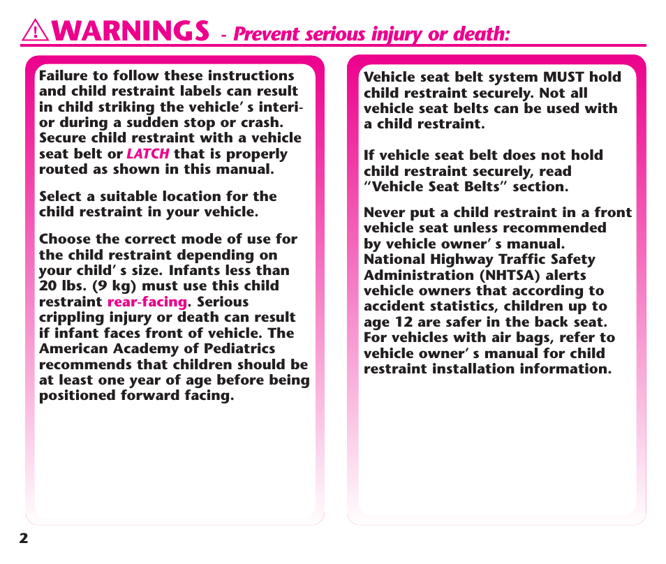 Warnings, Prevent serious injury or death | Graco ComfortSport User Manual | Page 4 / 92