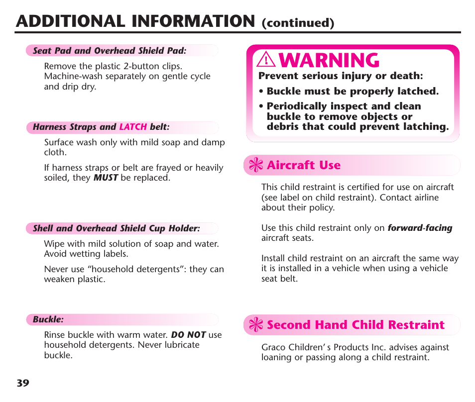 Warning, Additional information | Graco ComfortSport User Manual | Page 41 / 92