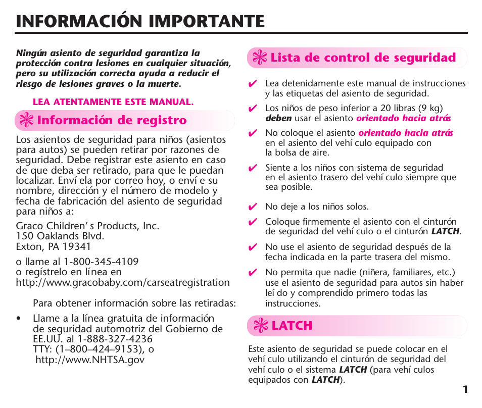 Información importante | Graco ComfortSport User Manual | Page 47 / 92