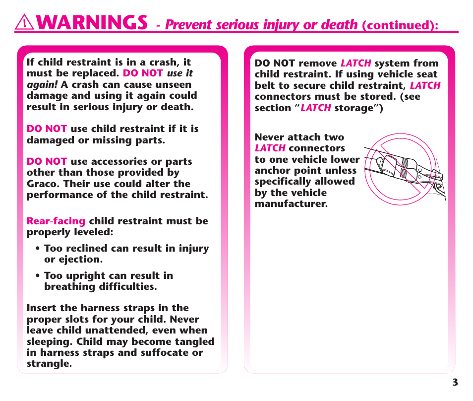 Warnings, Prevent serious injury or death | Graco ComfortSport User Manual | Page 5 / 92