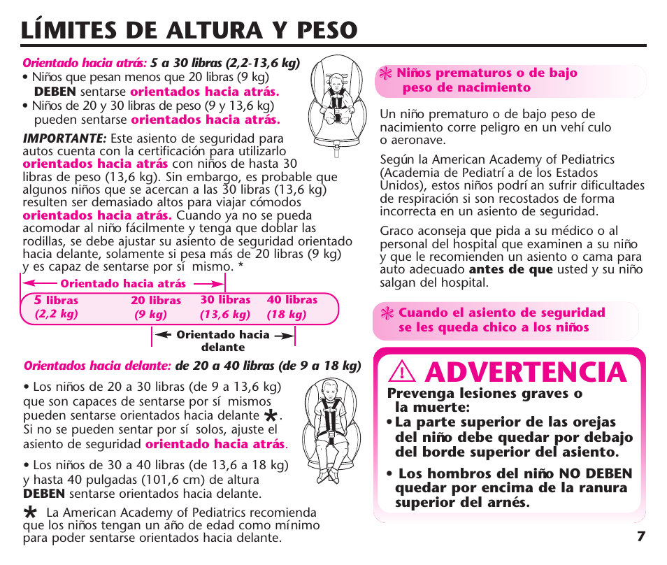 Advertencia, Límites de altura y peso | Graco ComfortSport User Manual | Page 53 / 92