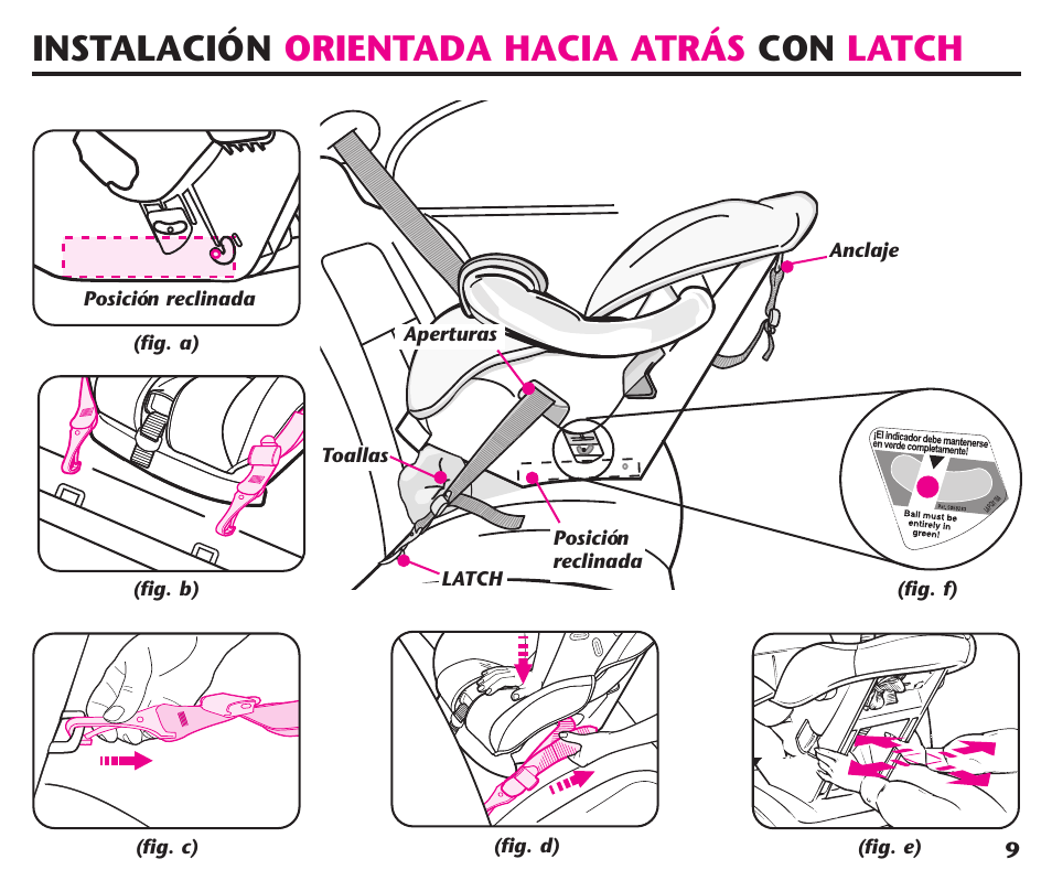 Instalación orientada hacia atrás con latch | Graco ComfortSport User Manual | Page 55 / 92