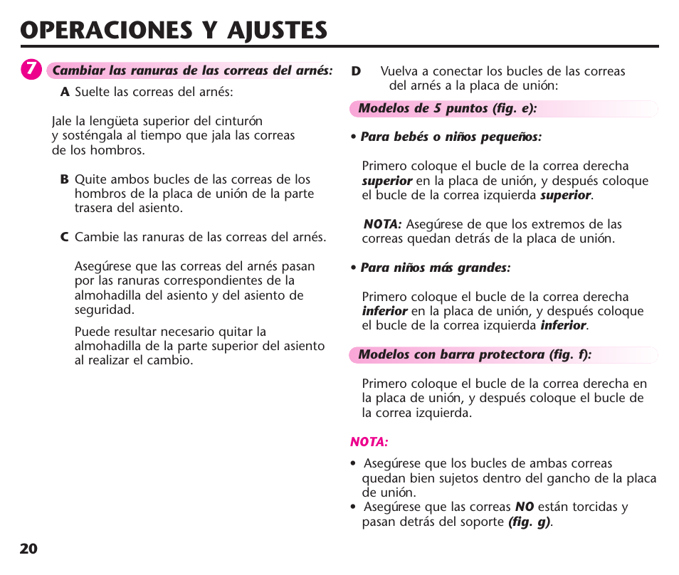 Operaciones y ajustes | Graco ComfortSport User Manual | Page 66 / 92