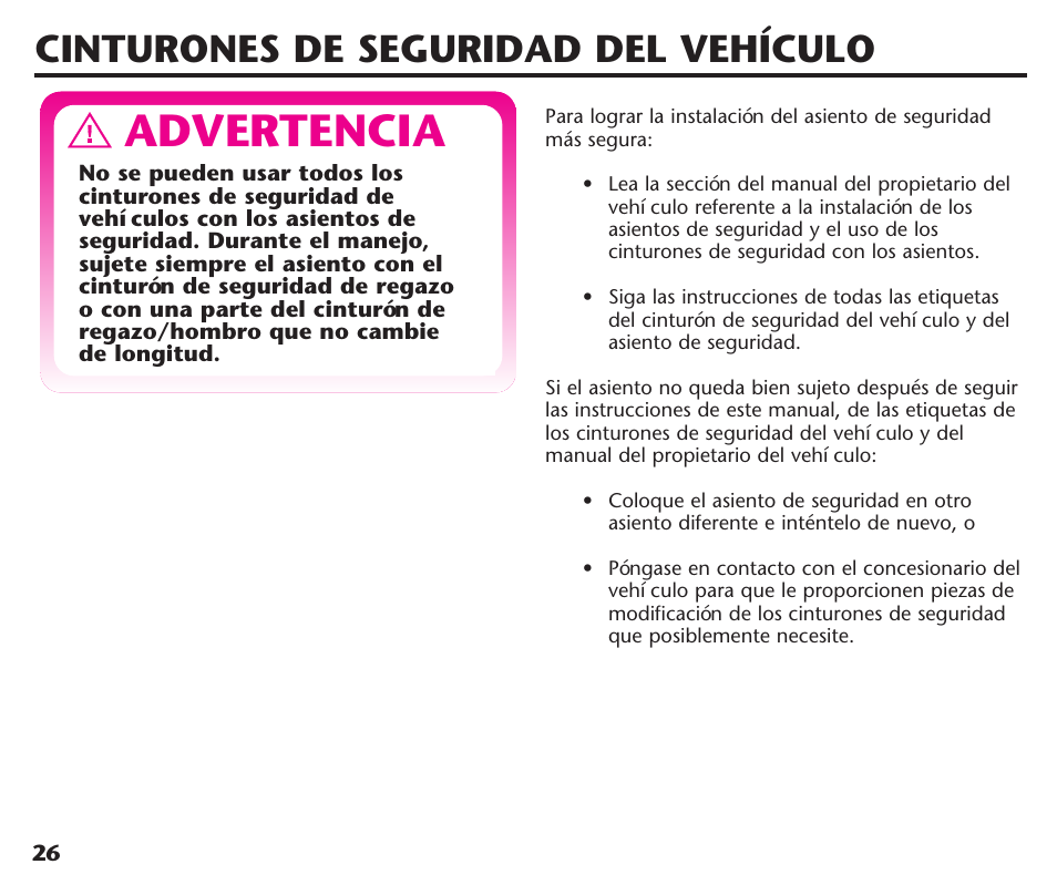Advertencia, Cinturones de seguridad del vehículo | Graco ComfortSport User Manual | Page 72 / 92