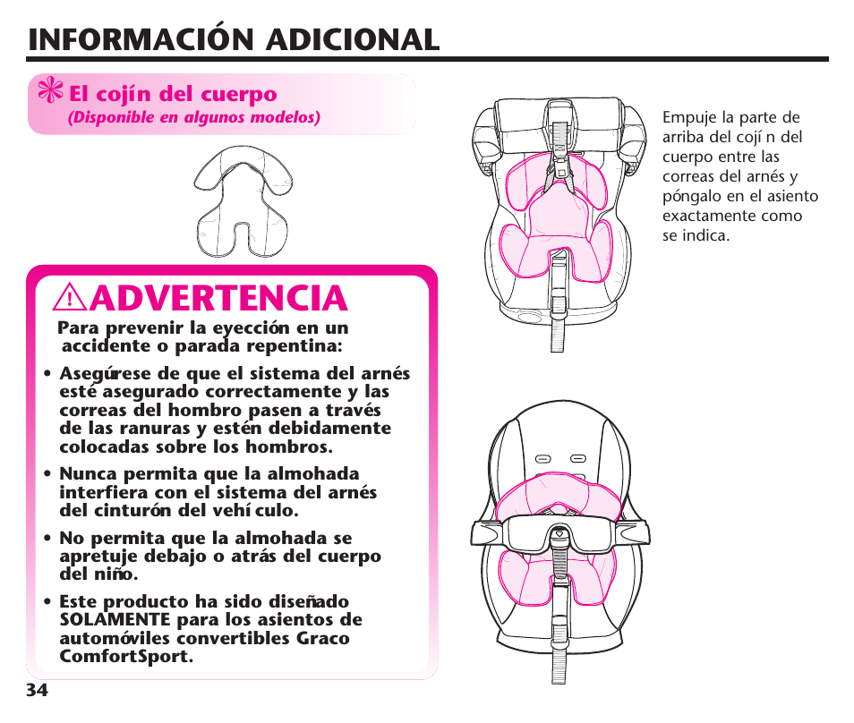 Advertencia, Información adicional | Graco ComfortSport User Manual | Page 80 / 92
