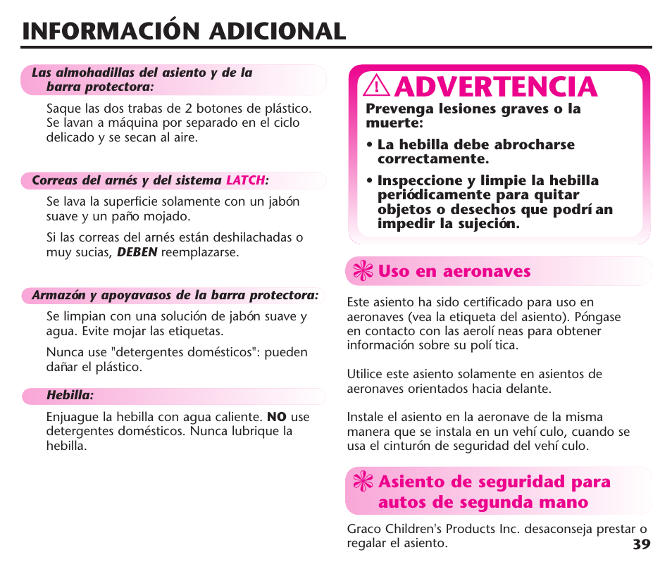 Advertencia, Información adicional | Graco ComfortSport User Manual | Page 85 / 92