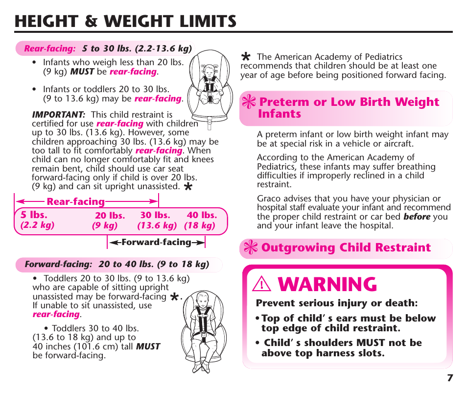 Warning, Height & weight limits | Graco ComfortSport User Manual | Page 9 / 92