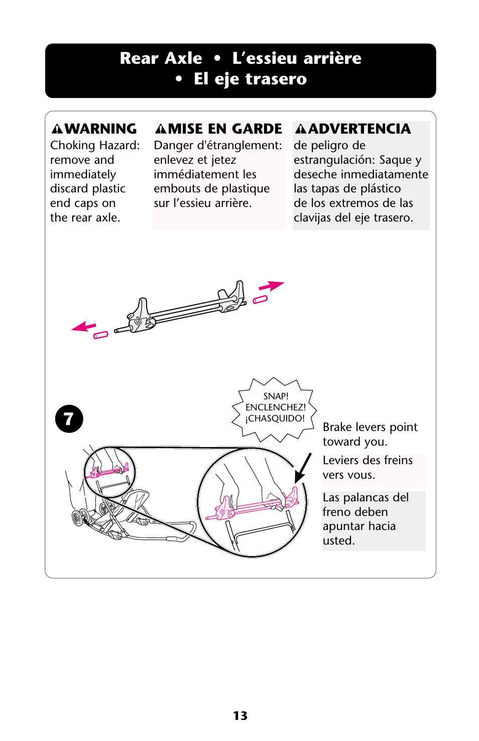 Rear axle • l’essieu arrière • el eje trasero, Mise en garde, Warning | Advertencia | Graco ISPA108AA User Manual | Page 13 / 140