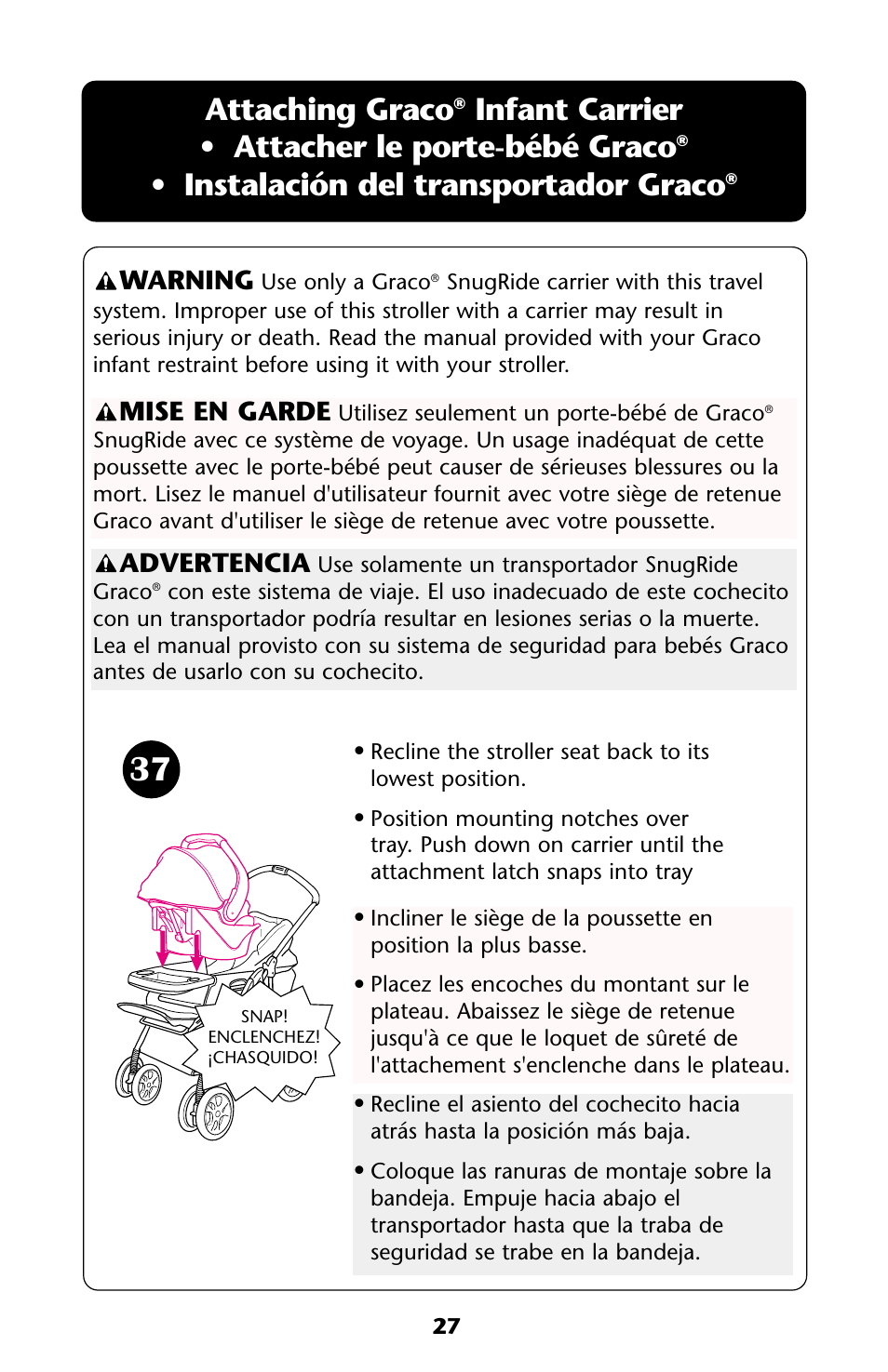 Attaching graco, Infant carrier • attacher le porte-bébé graco, Instalación del transportador graco | Advertencia, Mise en garde, Warning | Graco ISPA108AA User Manual | Page 27 / 140