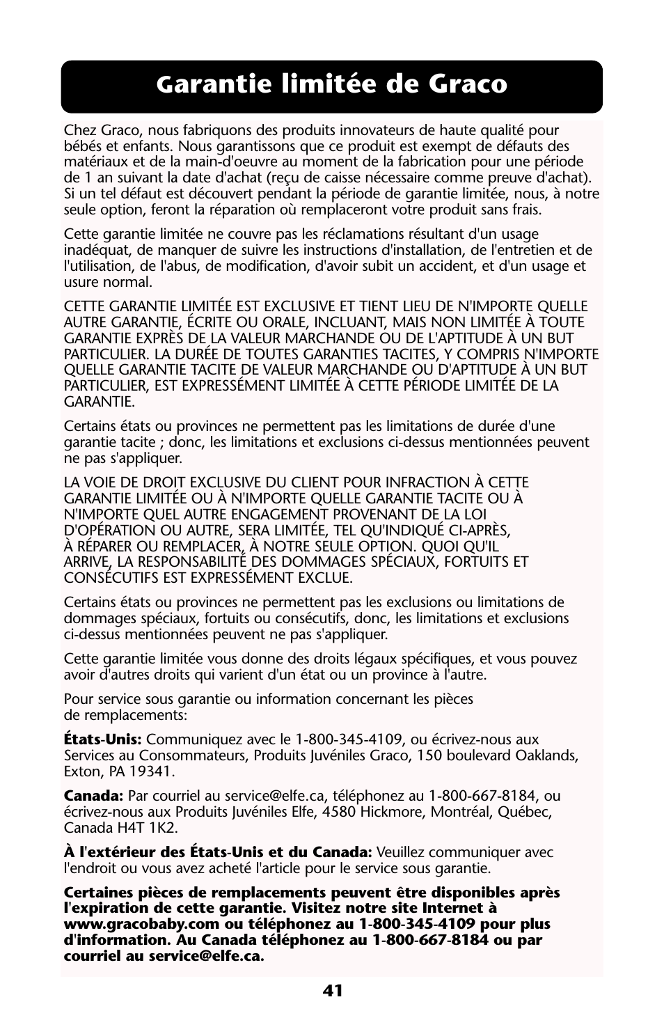 Arantie limitée de graco | Graco ISPA108AA User Manual | Page 41 / 140