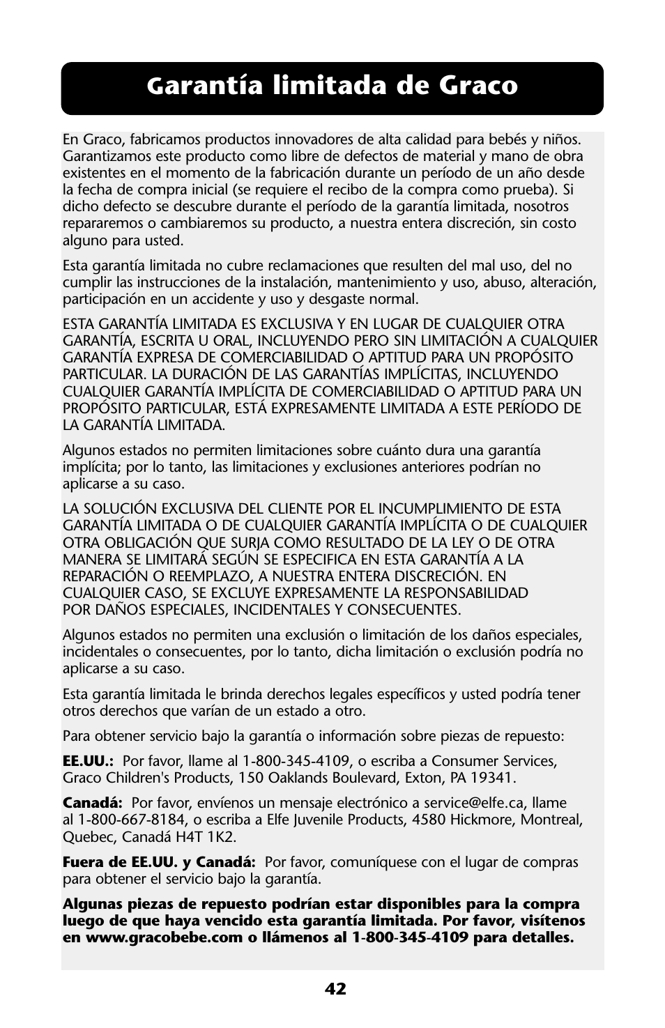 Arantía limitada de graco | Graco ISPA108AA User Manual | Page 42 / 140