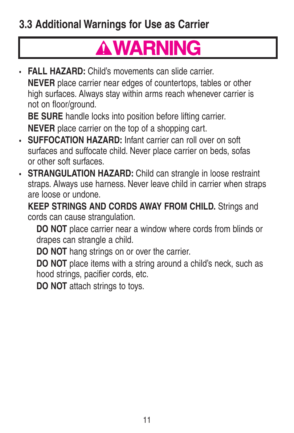 Awarning | Graco SNUGRIDE 30 PD115793C User Manual | Page 11 / 88