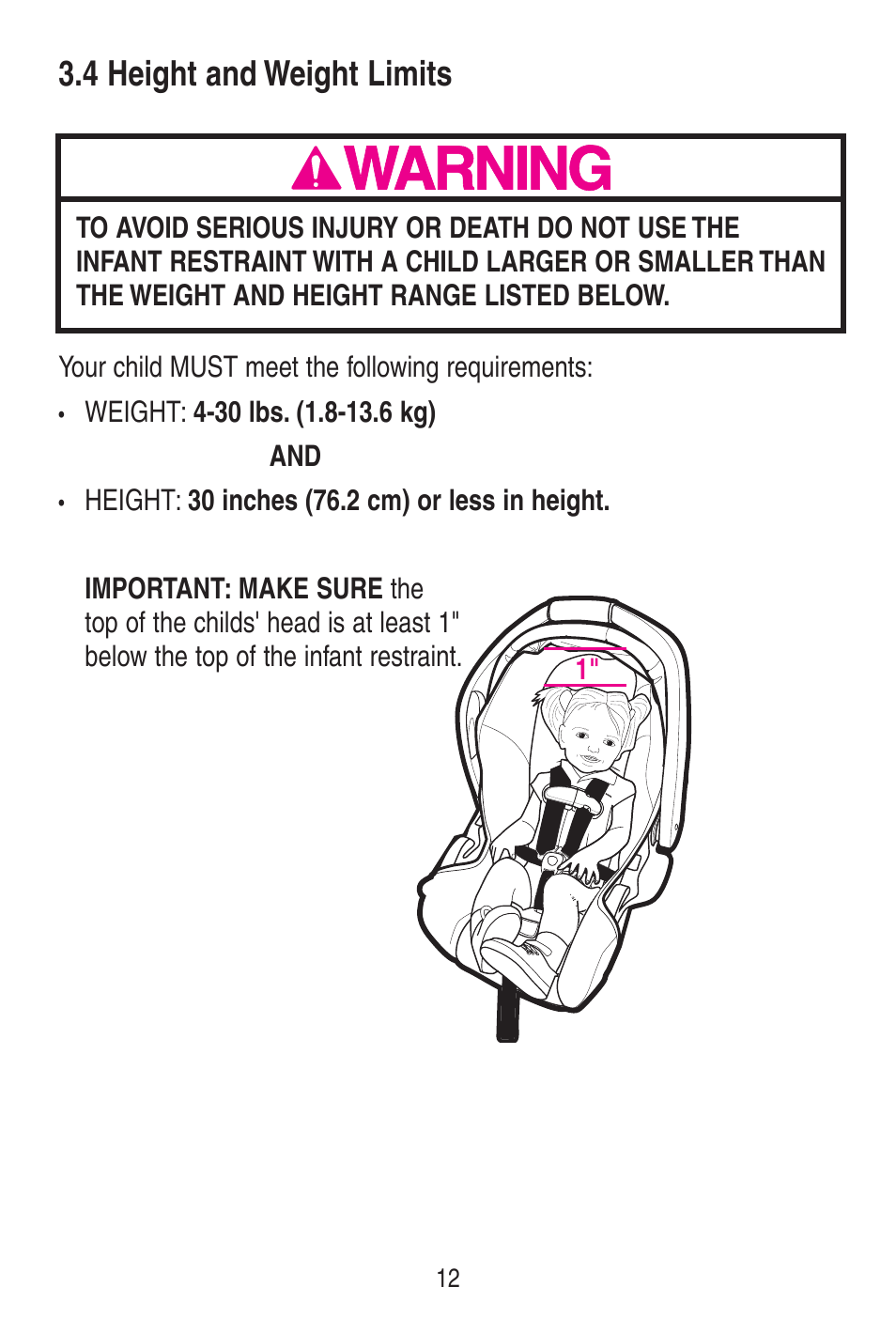 4 height and weight limits | Graco SNUGRIDE 30 PD115793C User Manual | Page 12 / 88