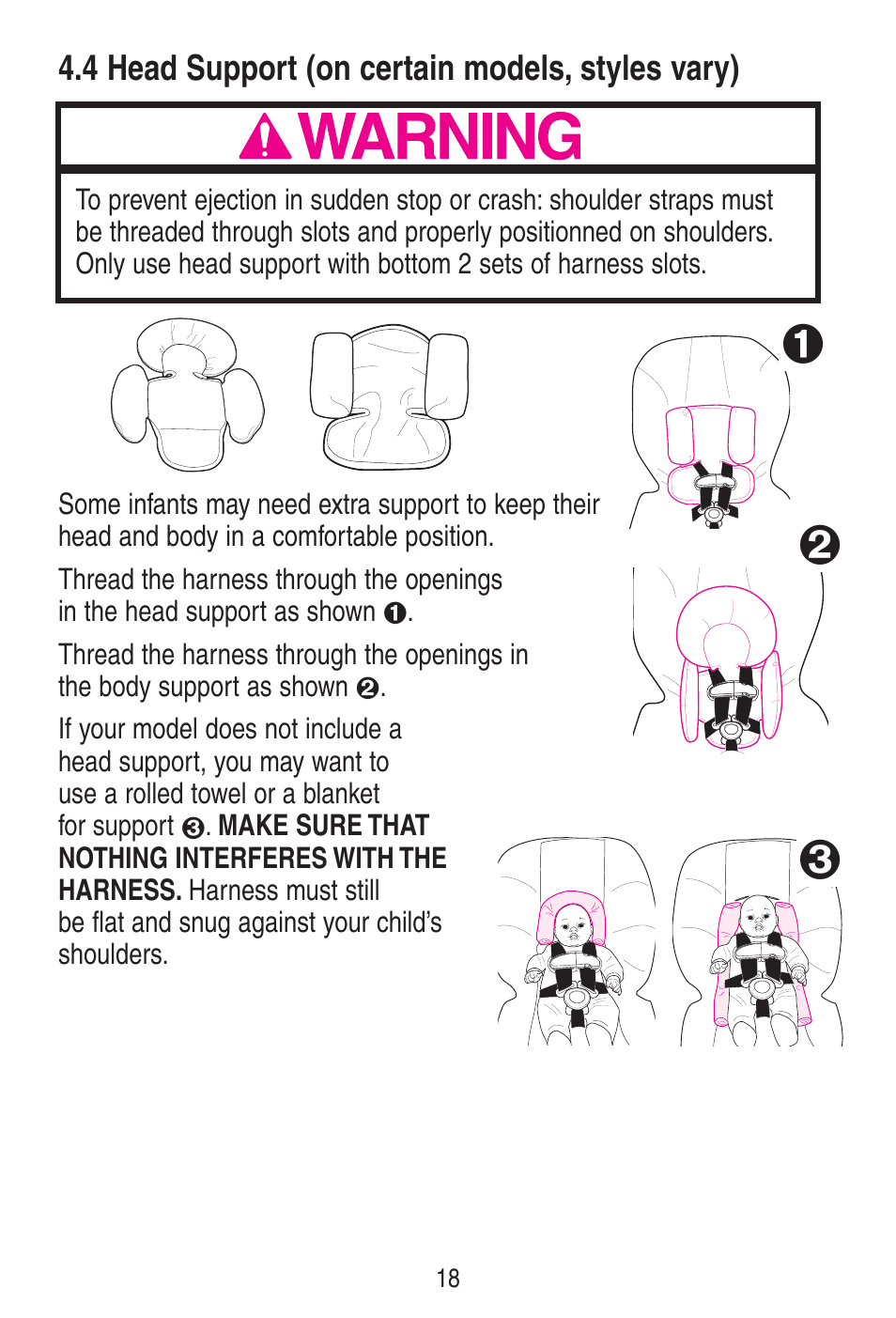4 head support (on certain models, styles vary) | Graco SNUGRIDE 30 PD115793C User Manual | Page 18 / 88