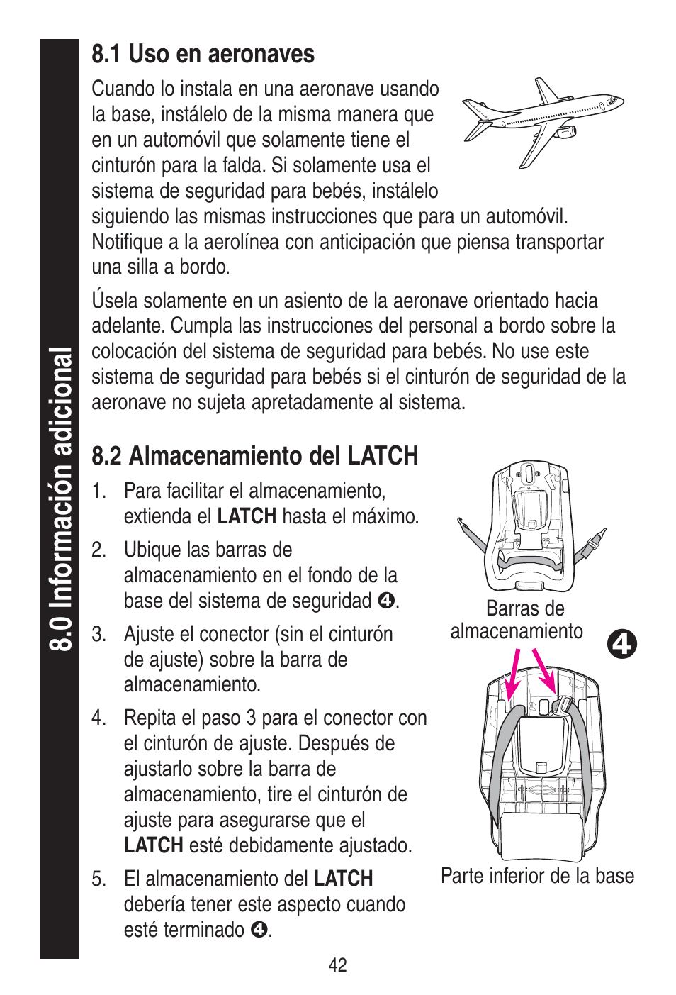 1 uso en aeronaves, 2 almacenamiento del latch | Graco SNUGRIDE 30 PD115793C User Manual | Page 86 / 88