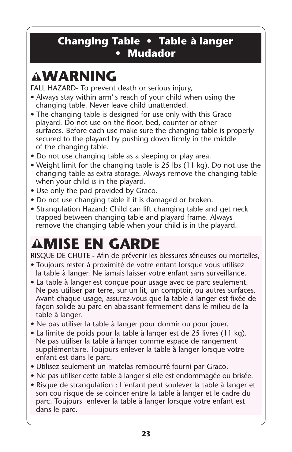 Mise en garde, Warning, Changing table • table à langer • mudador | Graco ISPP077AB User Manual | Page 23 / 49