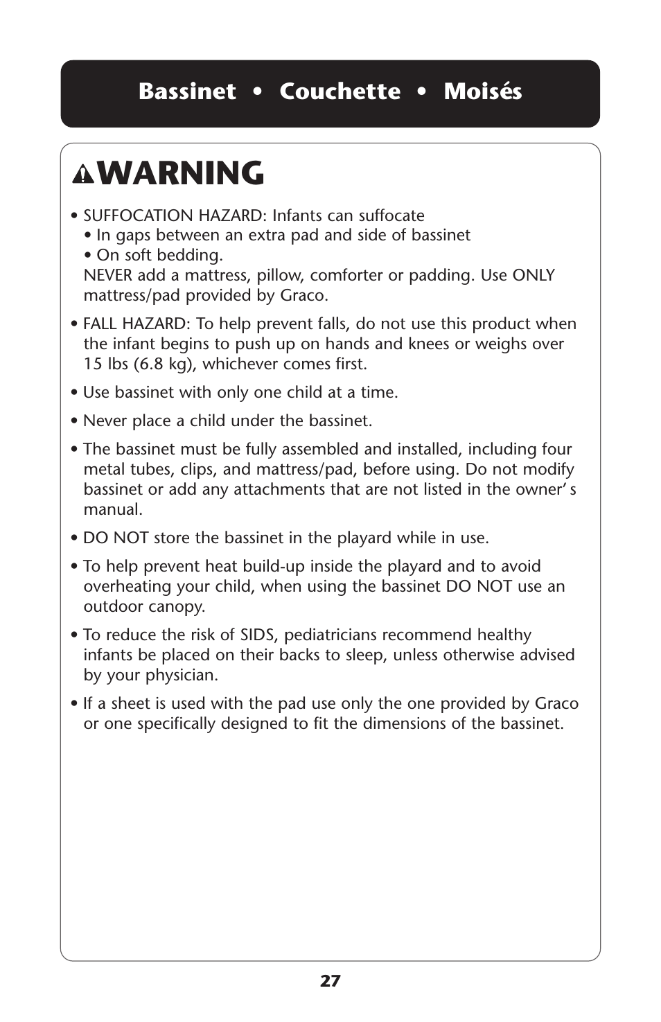Warning, Bassinet • couchette • moisés | Graco ISPP077AB User Manual | Page 27 / 49