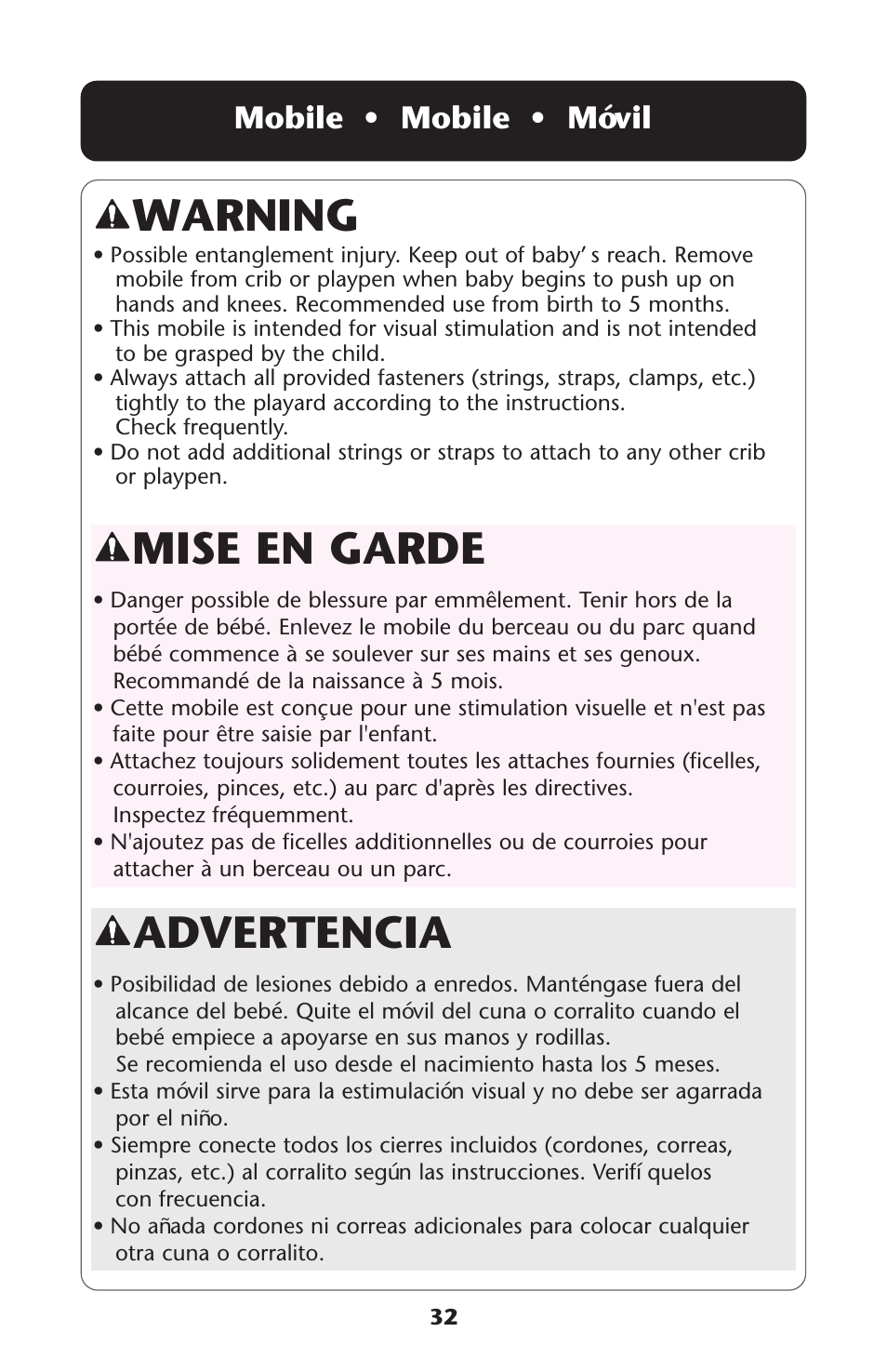 Warning, Advertencia, Mise en garde | Mobile • mobile • móvil | Graco ISPP077AB User Manual | Page 32 / 49