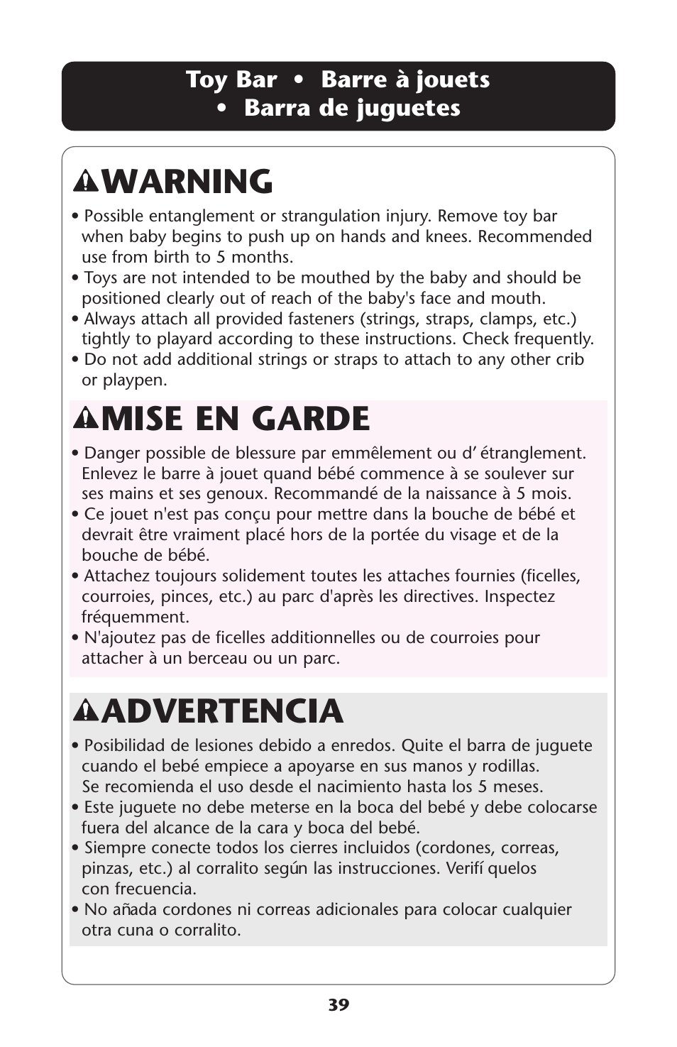 Advertencia, Mise en garde, Warning | Toy bar • barre à jouets • barra de juguetes | Graco ISPP077AB User Manual | Page 39 / 49